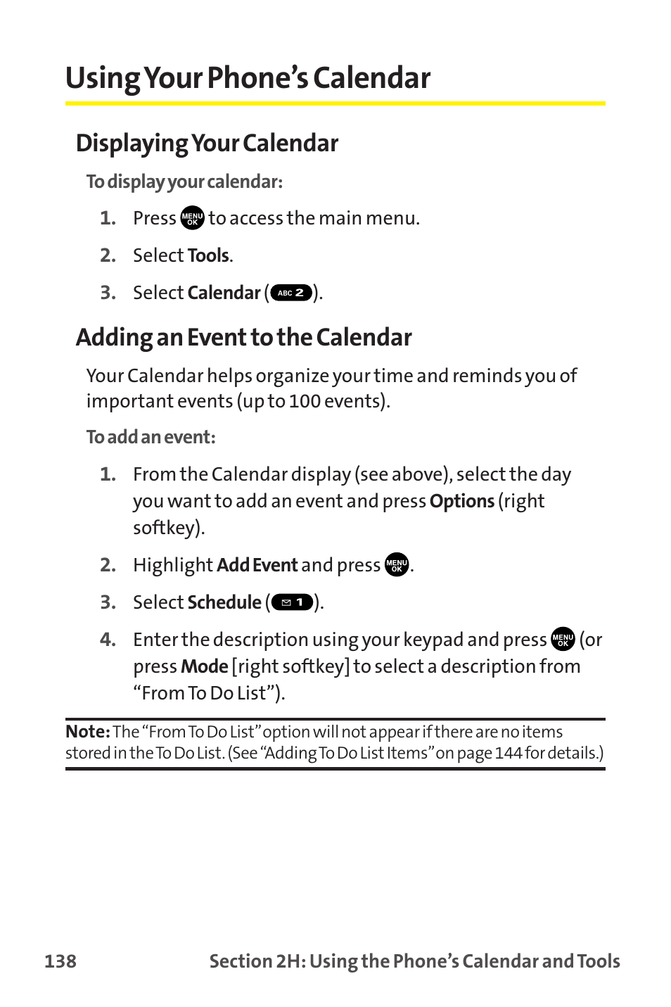 Using your phone’s calendar, Displaying your calendar, Adding an event to the calendar | Sprint Nextel MM-7500 User Manual | Page 148 / 345