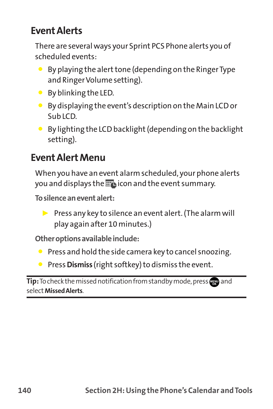 Event alerts, Event alert menu | Sprint Nextel MM-7500 User Manual | Page 150 / 345