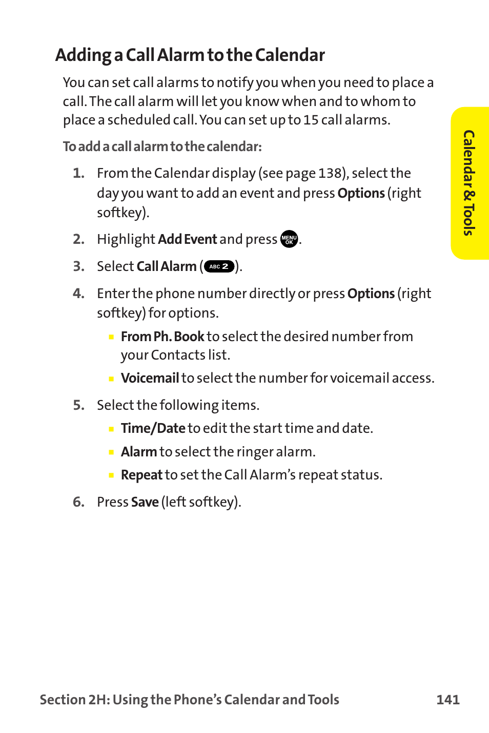 Adding a call alarm to the calendar | Sprint Nextel MM-7500 User Manual | Page 151 / 345