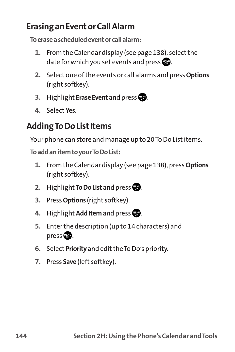 Erasing an event or call alarm, Adding to do list items | Sprint Nextel MM-7500 User Manual | Page 154 / 345