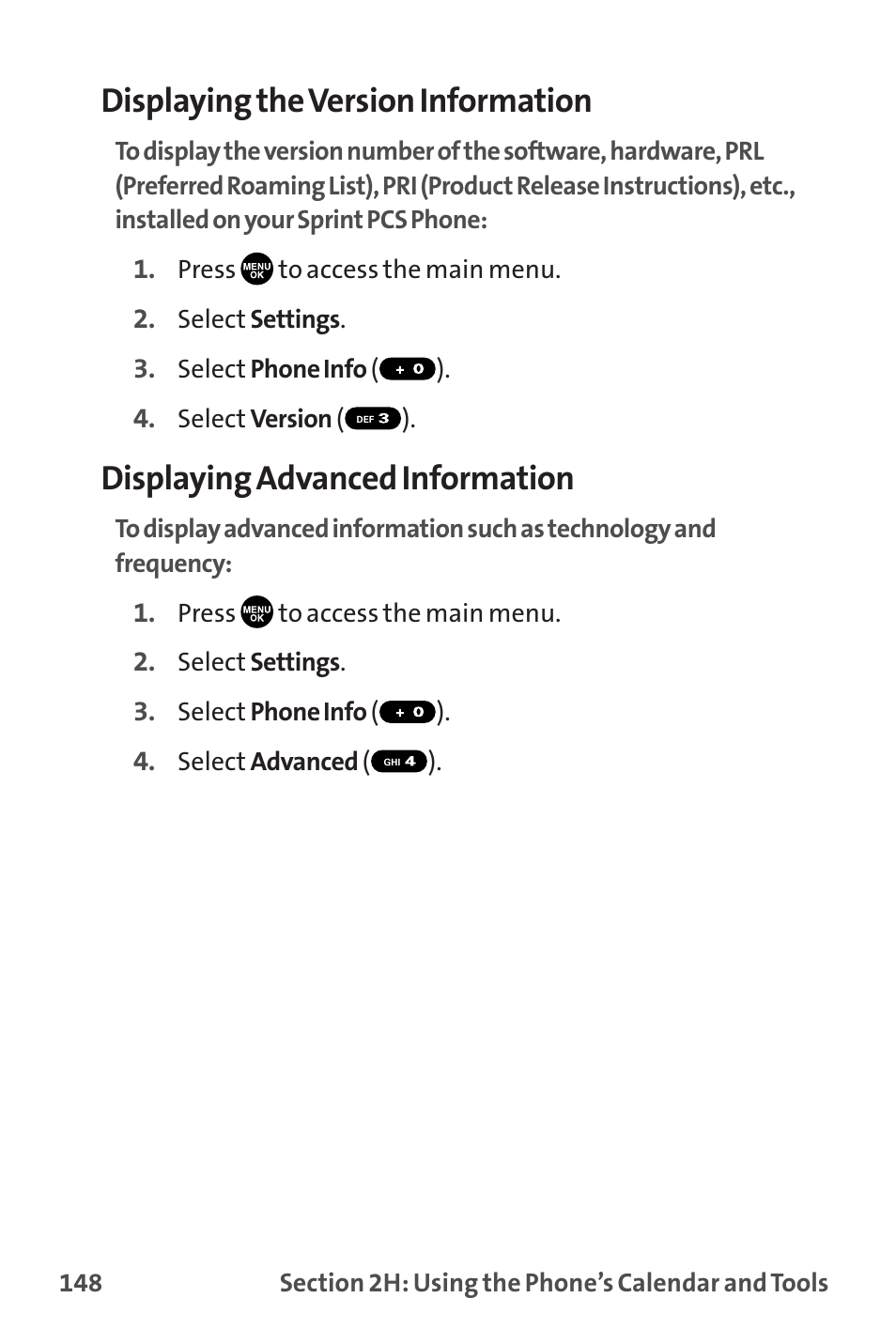 Displaying the version information, Displaying advanced information | Sprint Nextel MM-7500 User Manual | Page 158 / 345
