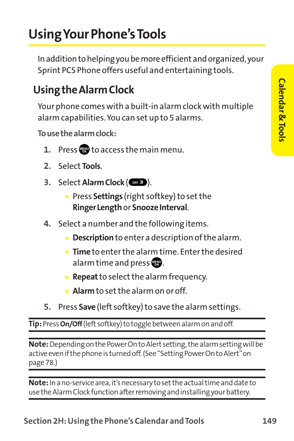 Using your phone’s tools, Using the alarm clock | Sprint Nextel MM-7500 User Manual | Page 159 / 345