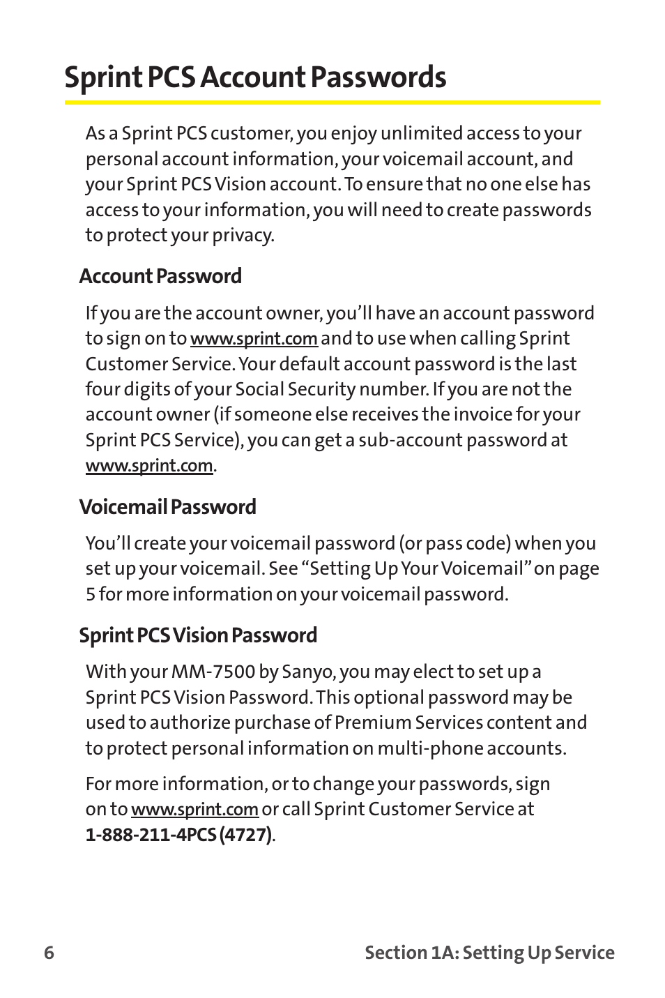 Sprint pcs account passwords | Sprint Nextel MM-7500 User Manual | Page 16 / 345