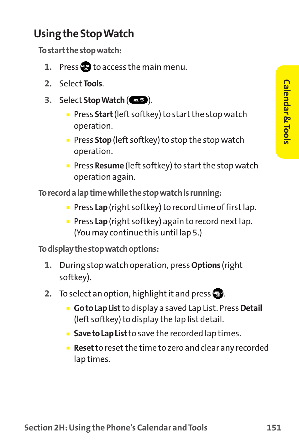 Using the stop watch, Calendar & tools | Sprint Nextel MM-7500 User Manual | Page 161 / 345
