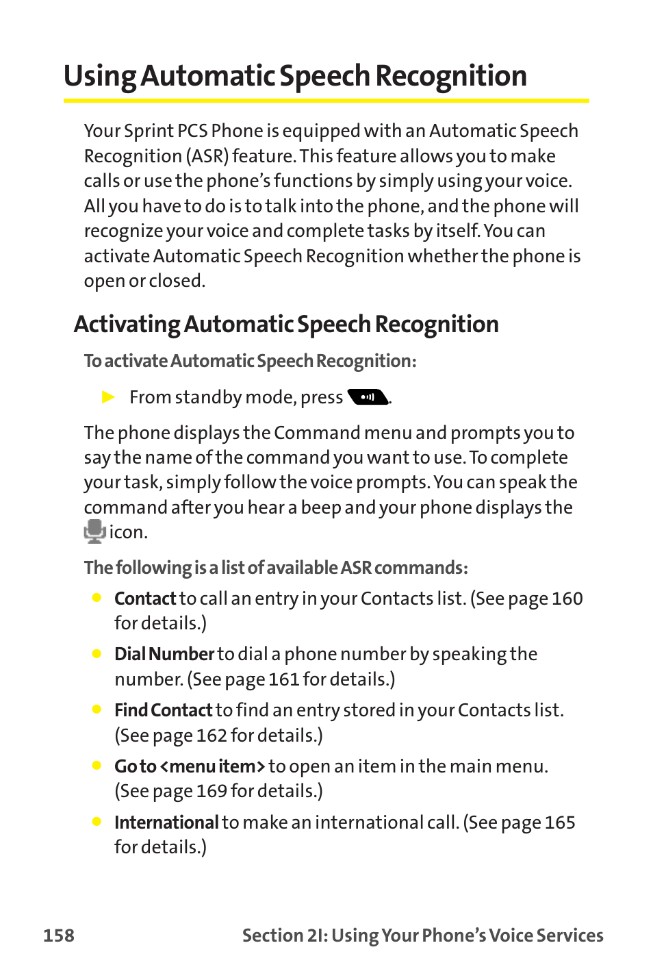 Using automatic speech recognition, Activating automatic speech recognition | Sprint Nextel MM-7500 User Manual | Page 168 / 345