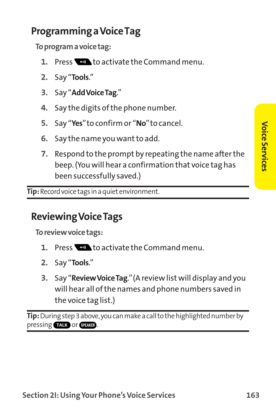 Programming a voice tag, Reviewingvoice tags | Sprint Nextel MM-7500 User Manual | Page 173 / 345