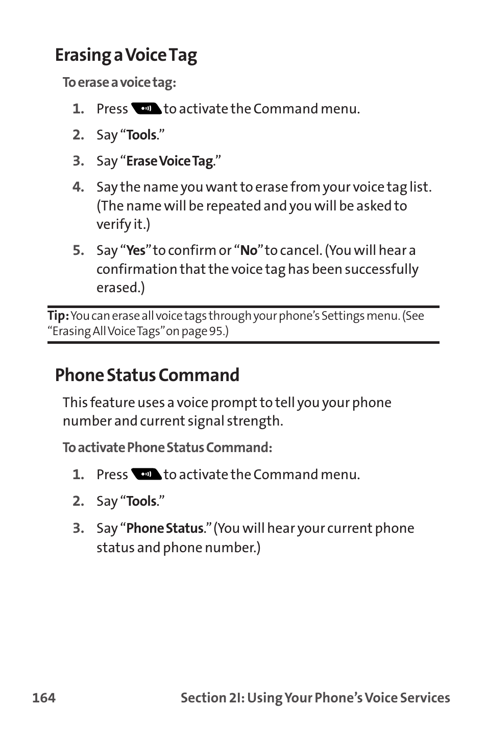 Erasing a voice tag, Phone status command | Sprint Nextel MM-7500 User Manual | Page 174 / 345