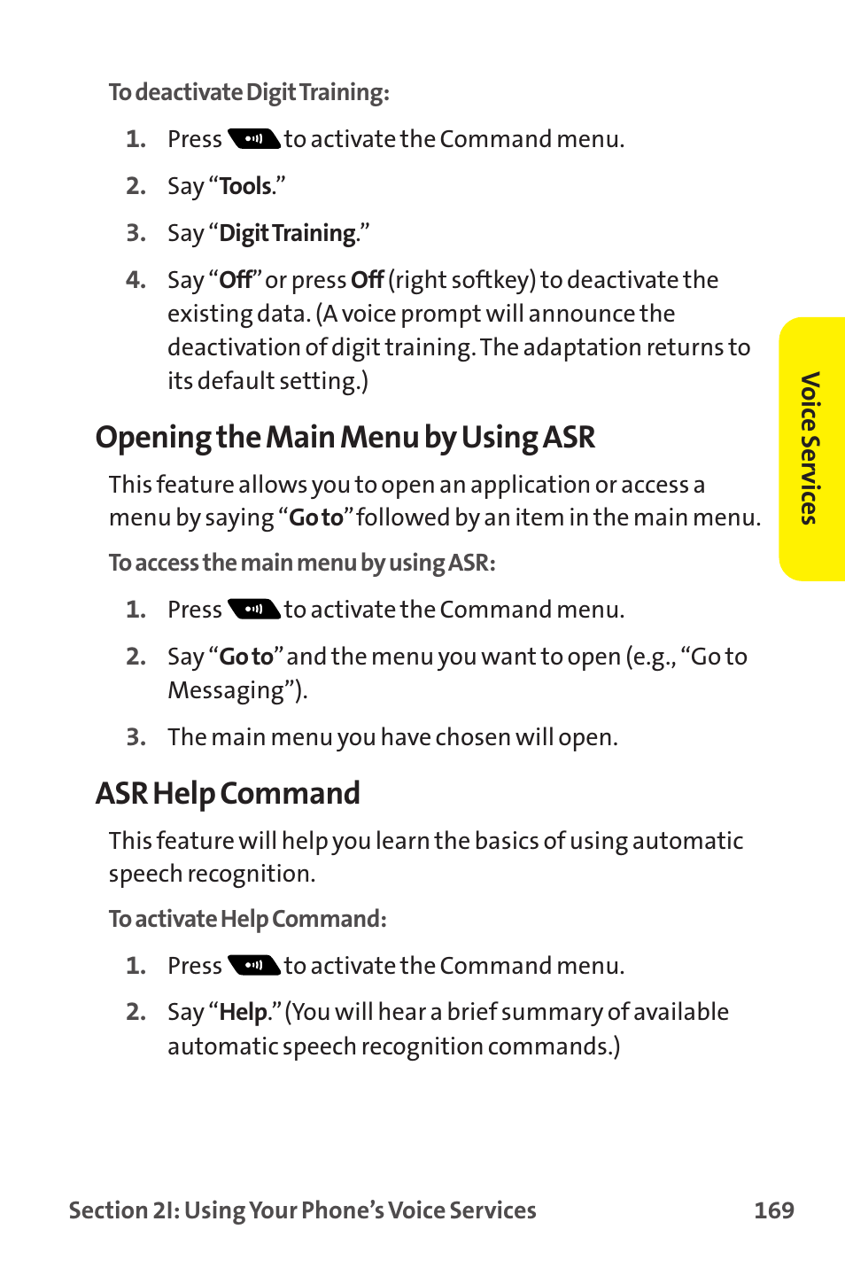 Opening the main menu by using asr, Asr help command | Sprint Nextel MM-7500 User Manual | Page 179 / 345