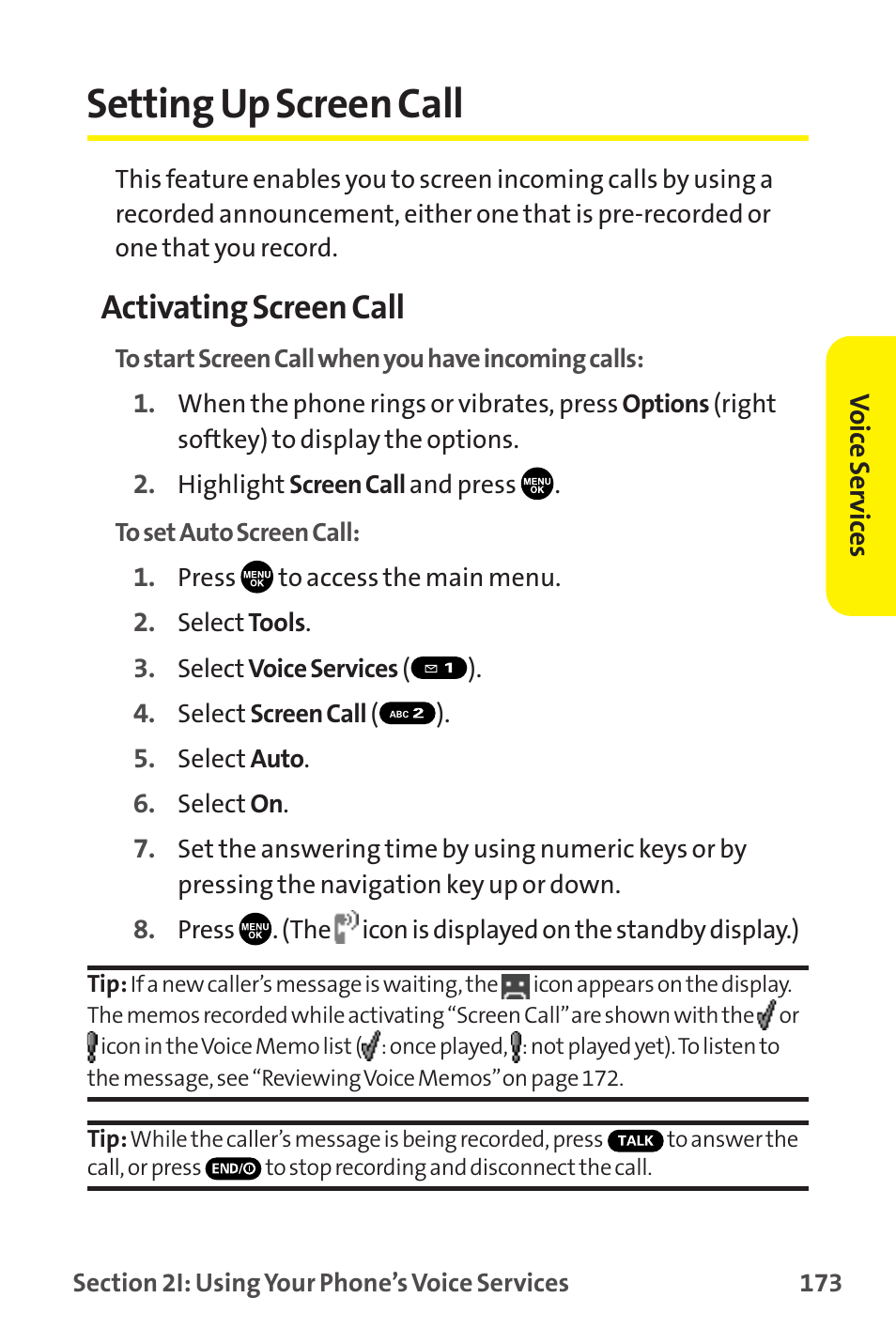Setting up screen call, Activating screen call | Sprint Nextel MM-7500 User Manual | Page 183 / 345