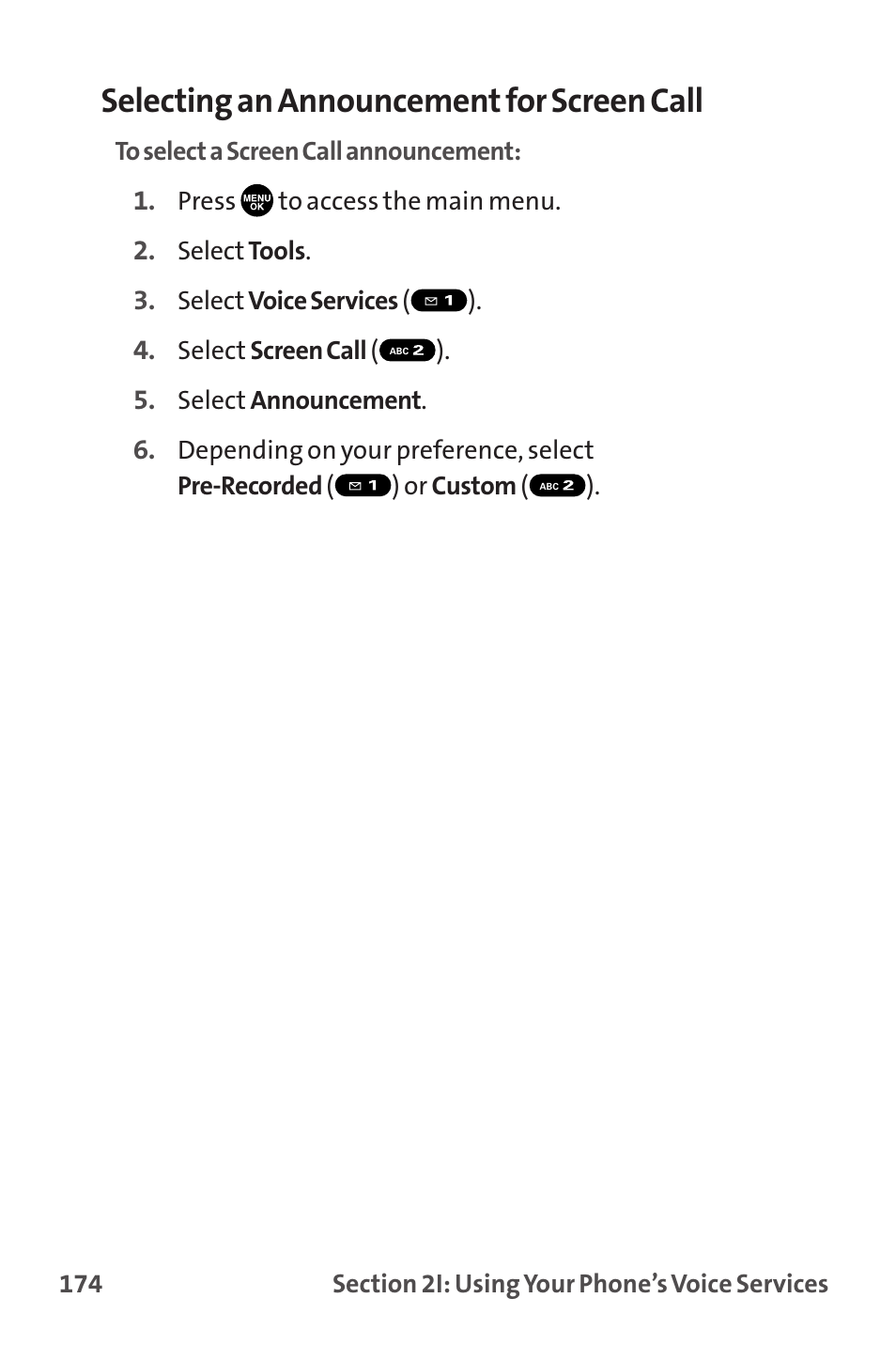 Selecting an announcement for screen call | Sprint Nextel MM-7500 User Manual | Page 184 / 345