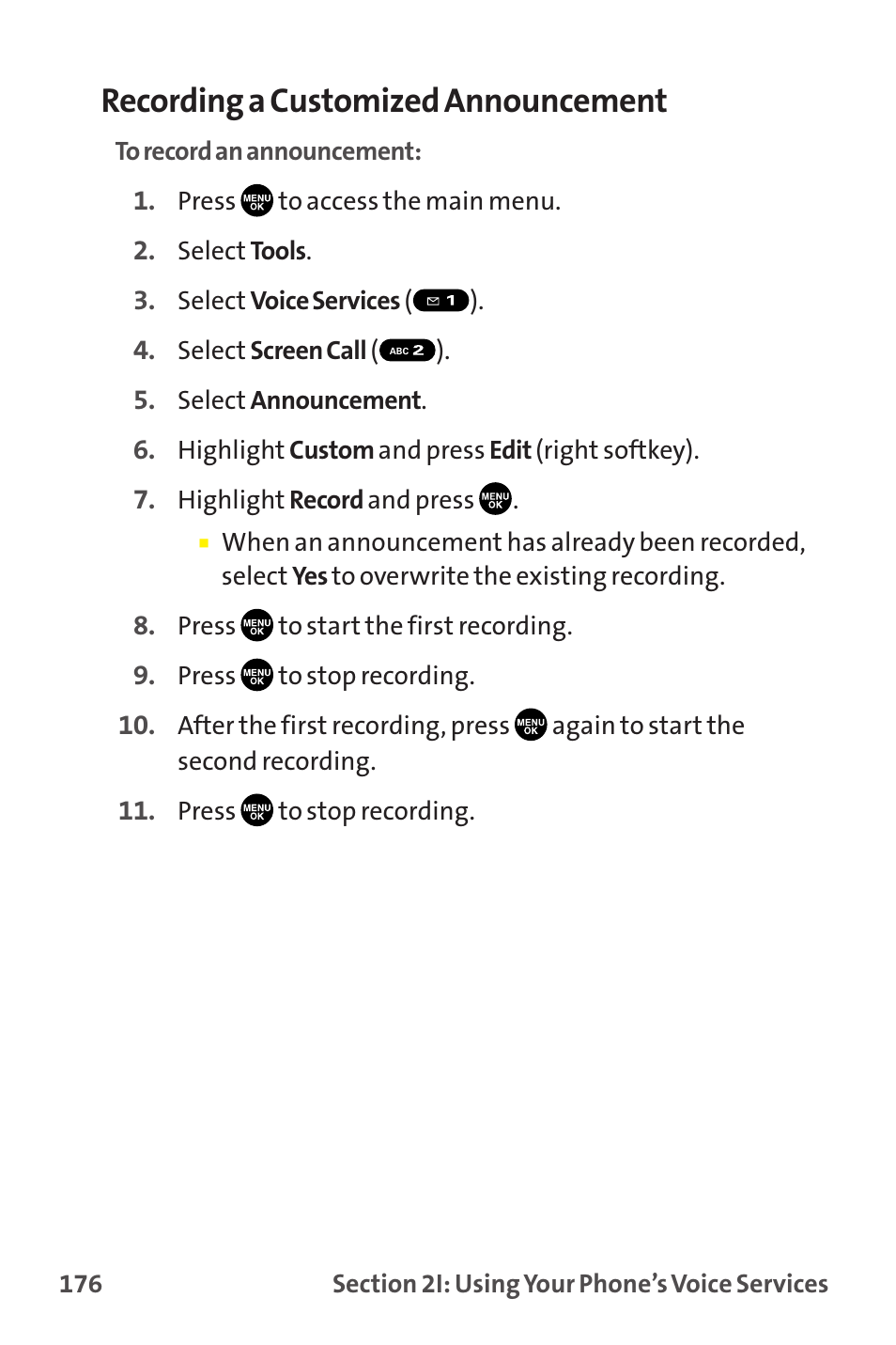 Recording a customized announcement | Sprint Nextel MM-7500 User Manual | Page 186 / 345