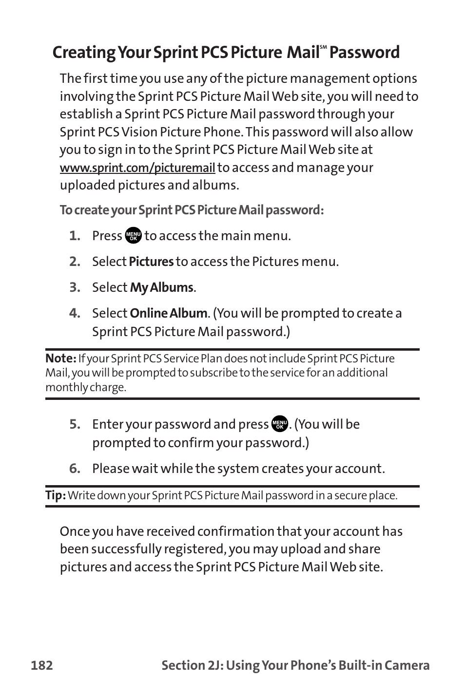 Creating your sprint pcs picture mail, Password | Sprint Nextel MM-7500 User Manual | Page 192 / 345