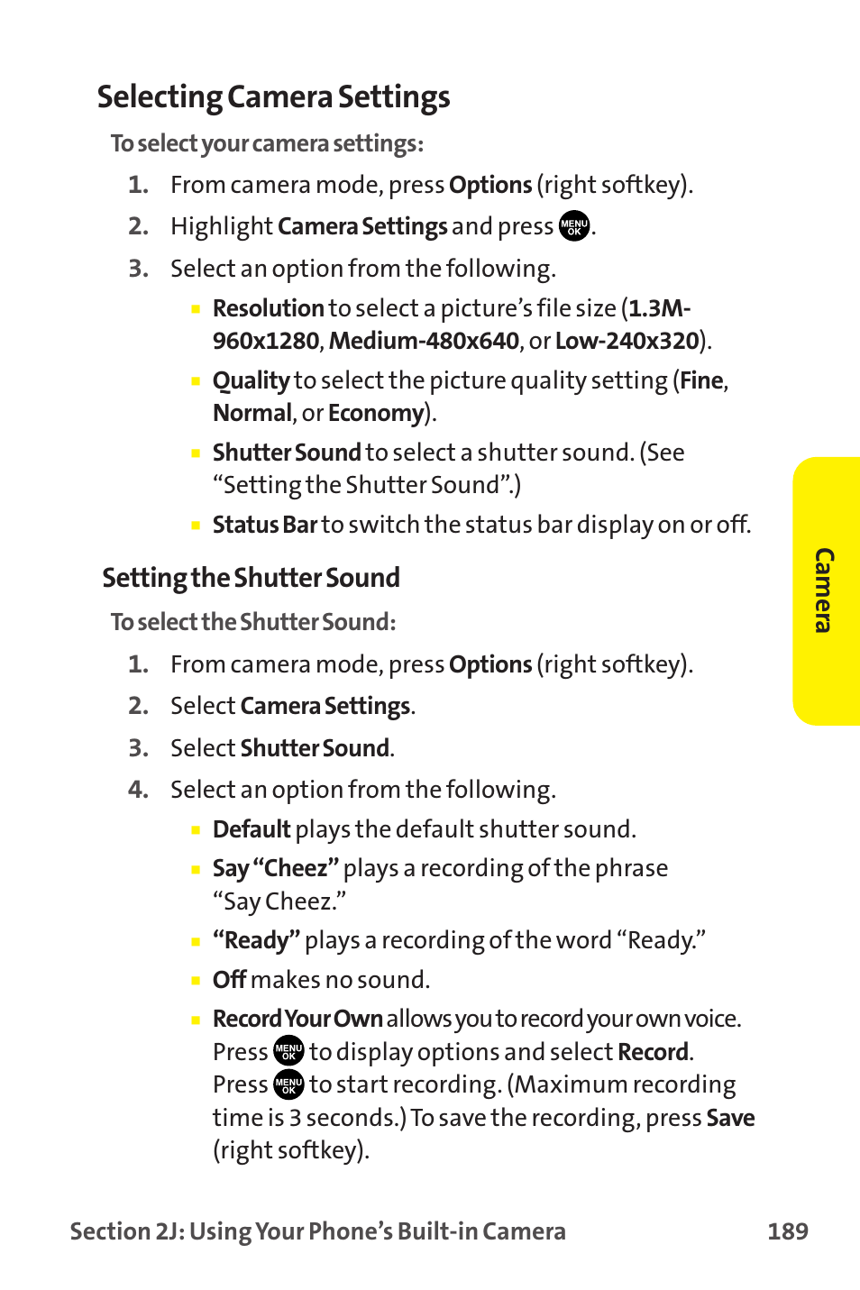 Selecting camera settings, Setting the shutter sound | Sprint Nextel MM-7500 User Manual | Page 199 / 345