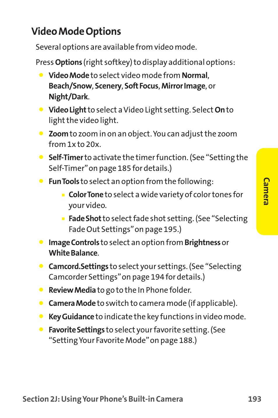 Video mode options, Camer a | Sprint Nextel MM-7500 User Manual | Page 203 / 345