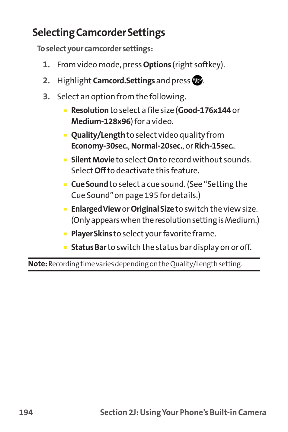 Selecting camcorder settings | Sprint Nextel MM-7500 User Manual | Page 204 / 345