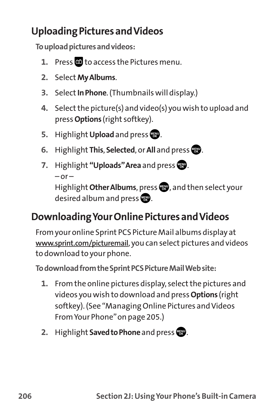 Uploading pictures and videos, Downloadingyour online pictures and videos | Sprint Nextel MM-7500 User Manual | Page 216 / 345