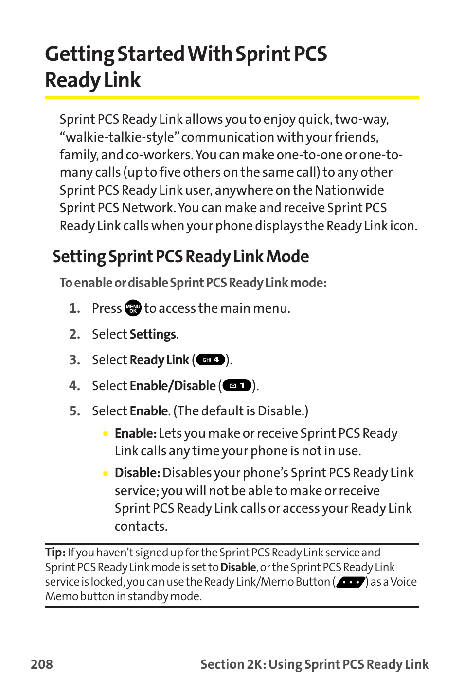Getting started with sprint pcs ready link, Setting sprint pcs ready link mode | Sprint Nextel MM-7500 User Manual | Page 218 / 345
