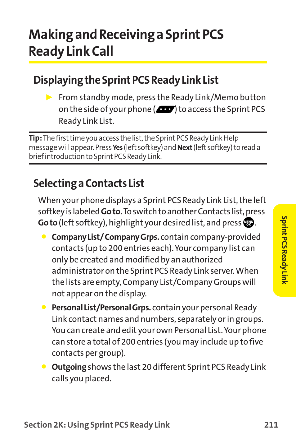 Making and receiving a sprint pcs ready link call, Displaying the sprint pcs ready link list, Selecting a contacts list | Sprint Nextel MM-7500 User Manual | Page 221 / 345