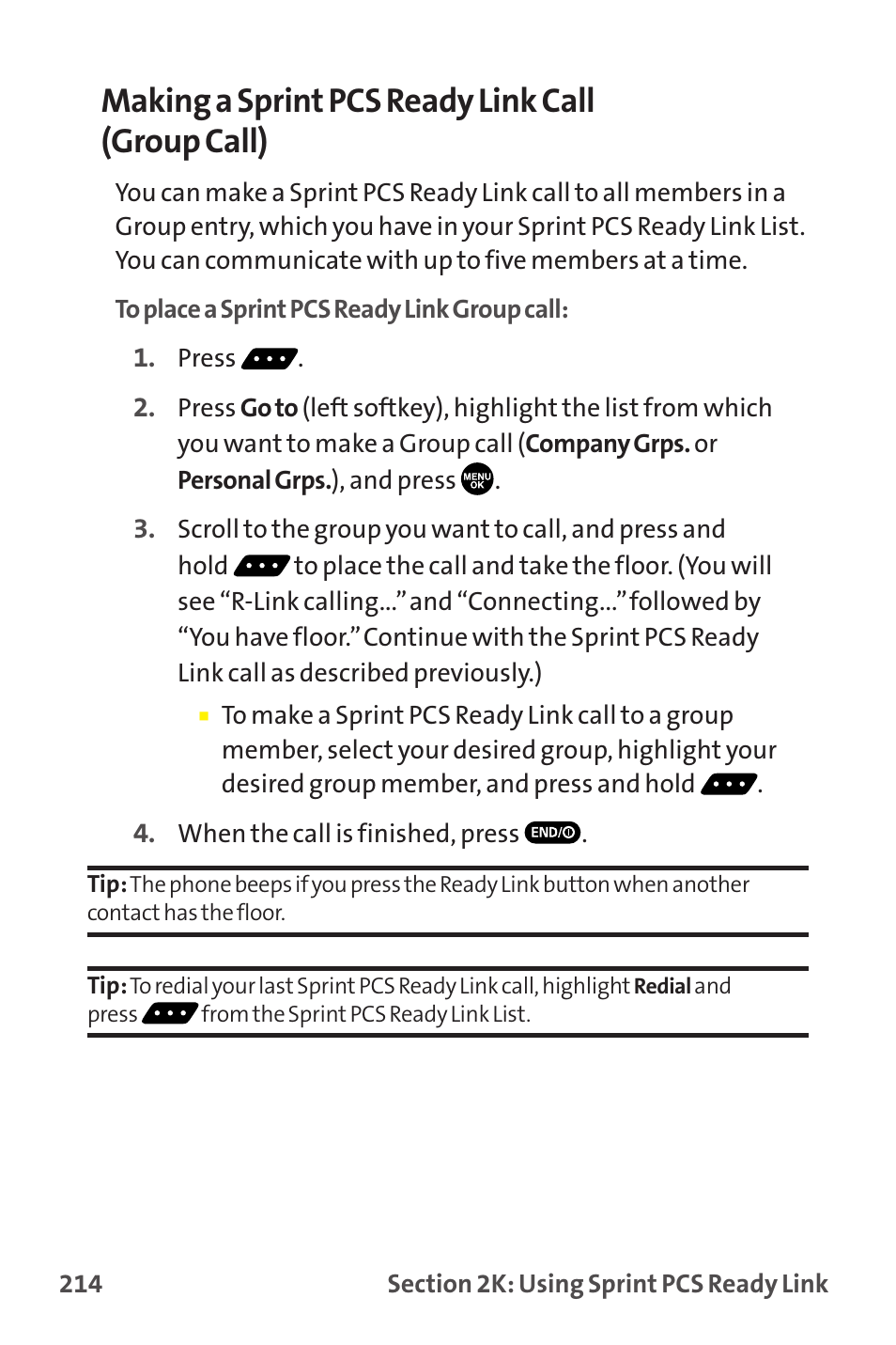 Making a sprint pcs ready link call (group call) | Sprint Nextel MM-7500 User Manual | Page 224 / 345