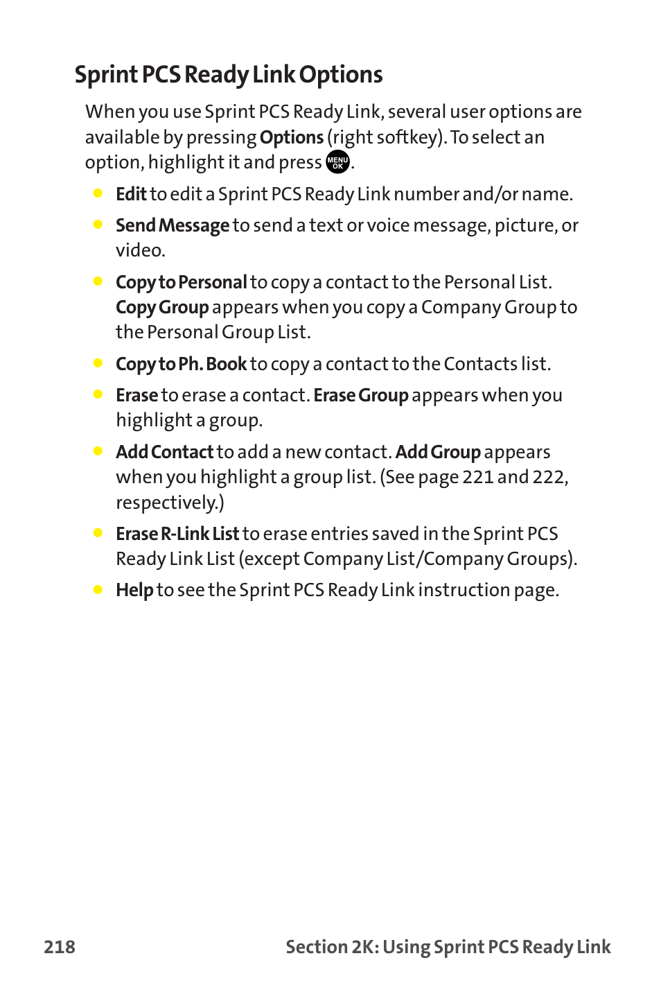 Sprint pcs ready link options | Sprint Nextel MM-7500 User Manual | Page 228 / 345