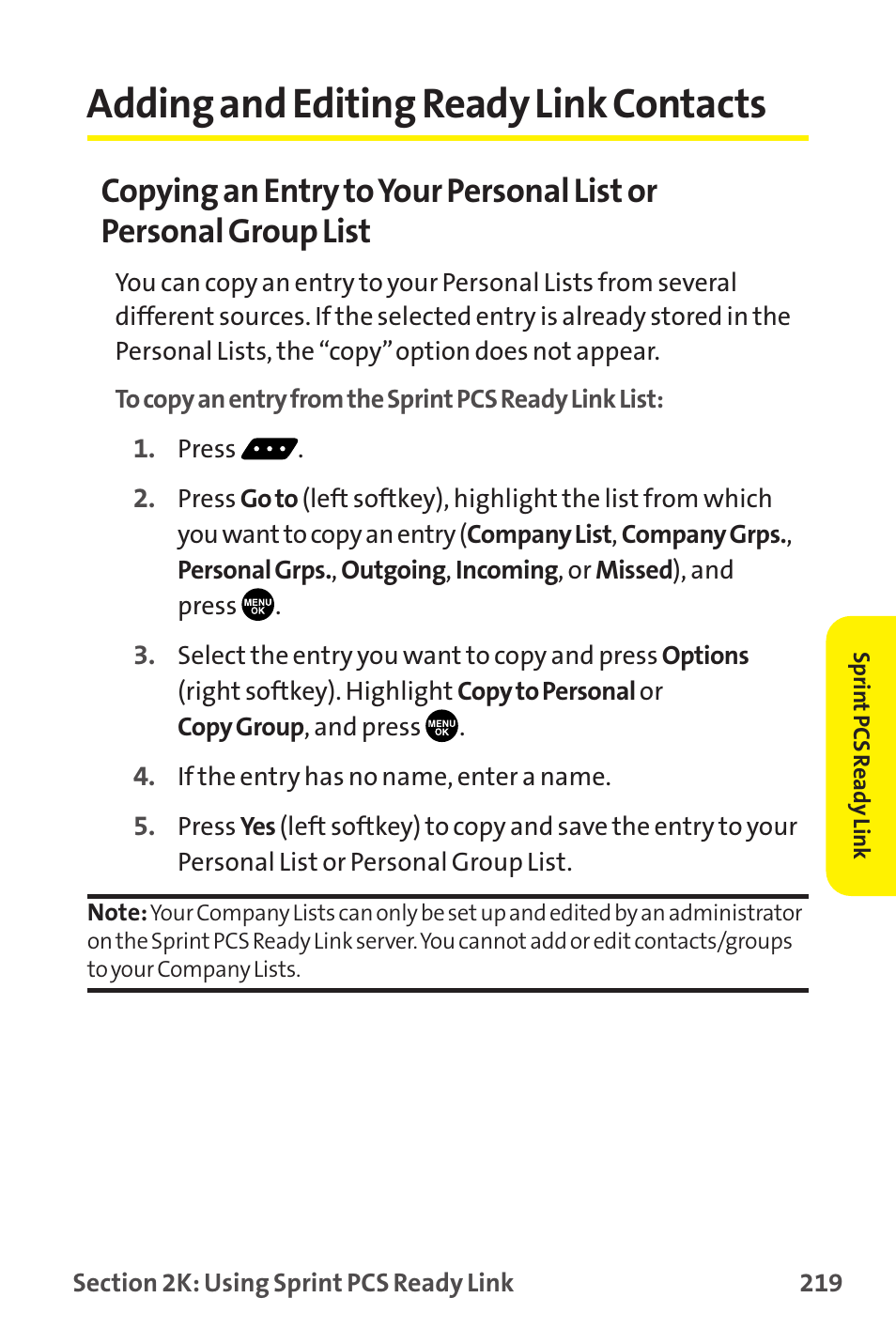 Adding and editing ready link contacts | Sprint Nextel MM-7500 User Manual | Page 229 / 345
