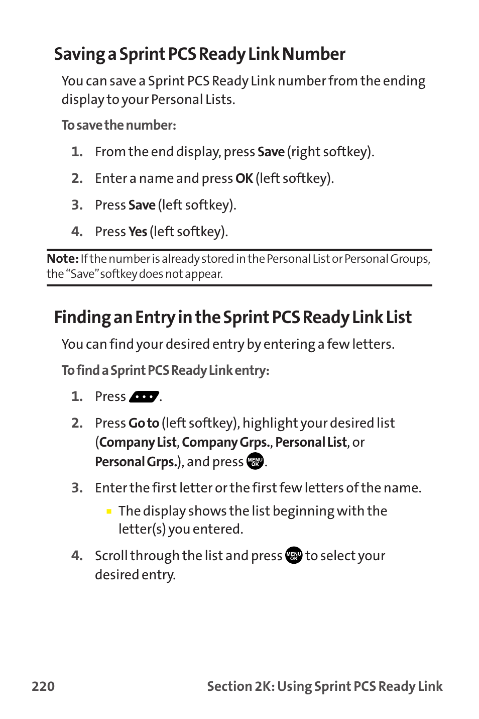 Saving a sprint pcs ready link number, Finding an entry in the sprint pcs ready link list | Sprint Nextel MM-7500 User Manual | Page 230 / 345