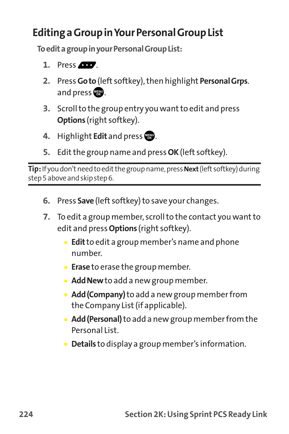 Editing a group in your personal group list | Sprint Nextel MM-7500 User Manual | Page 234 / 345