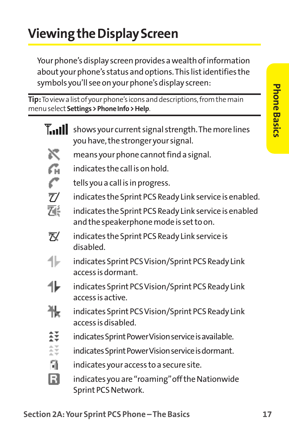 Viewing the display screen, Phone basics | Sprint Nextel MM-7500 User Manual | Page 27 / 345
