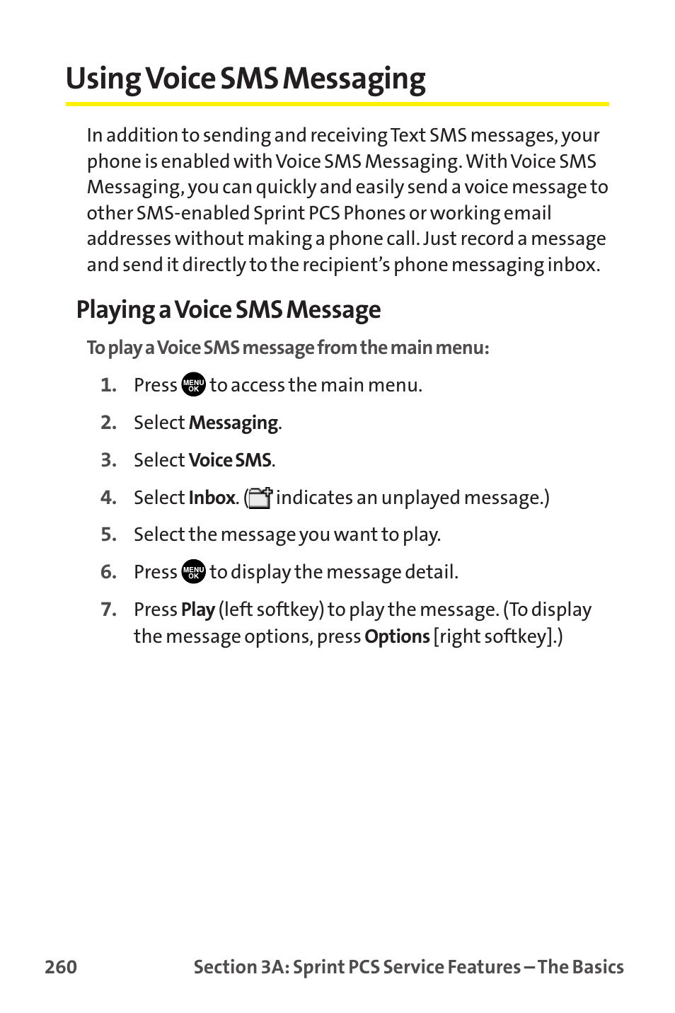 Using voice sms messaging, Playing a voice sms message | Sprint Nextel MM-7500 User Manual | Page 270 / 345
