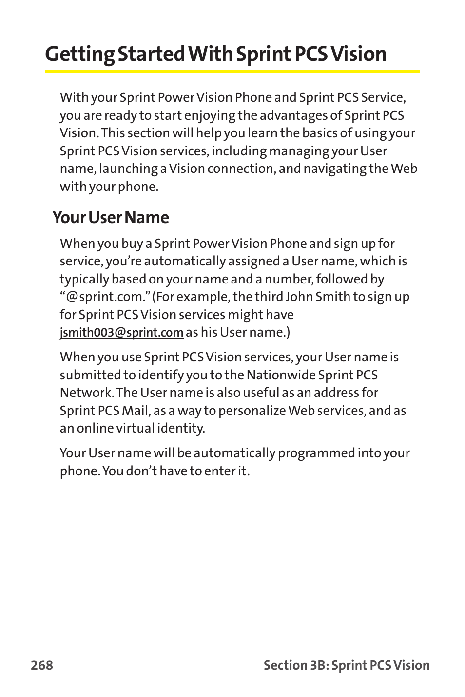 Getting started with sprint pcs vision, Your user name | Sprint Nextel MM-7500 User Manual | Page 278 / 345