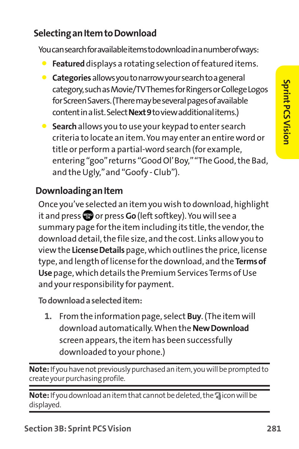 Selecting an item to download, Downloading an item | Sprint Nextel MM-7500 User Manual | Page 291 / 345