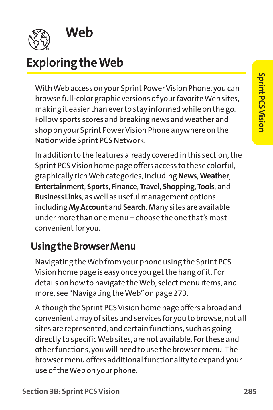 Exploring the web, Using the browser menu | Sprint Nextel MM-7500 User Manual | Page 295 / 345