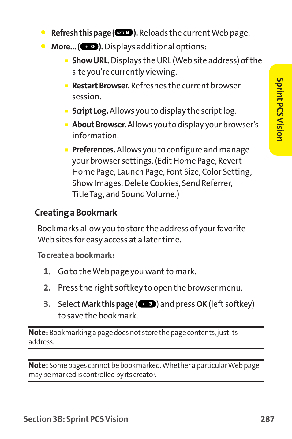 Creating a bookmark, Press the right softkey, Sprin t pcs v ision | Sprint Nextel MM-7500 User Manual | Page 297 / 345
