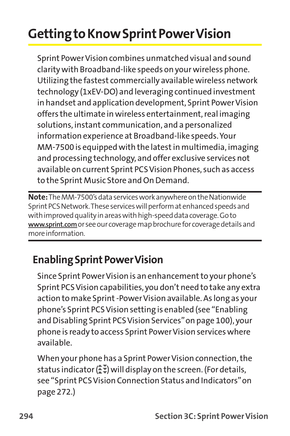 Getting to know sprint power vision, Enabling sprint power vision | Sprint Nextel MM-7500 User Manual | Page 304 / 345