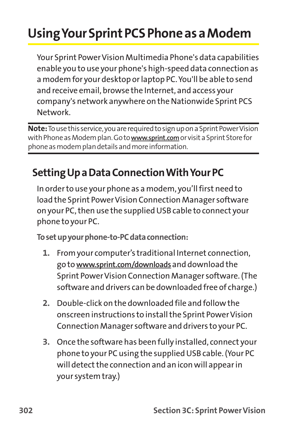Using your sprint pcs phone as a modem, Setting up a data connection with your pc | Sprint Nextel MM-7500 User Manual | Page 312 / 345