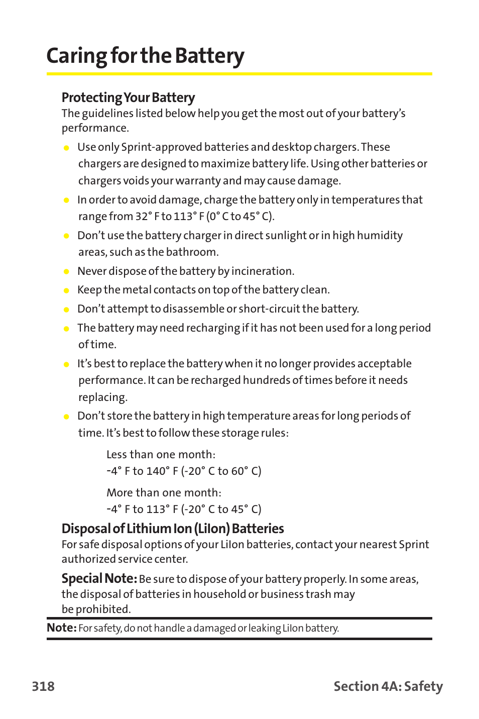 Caring for the battery, Protecting your battery, Disposal of lithium ion (liion) batteries | Sprint Nextel MM-7500 User Manual | Page 328 / 345