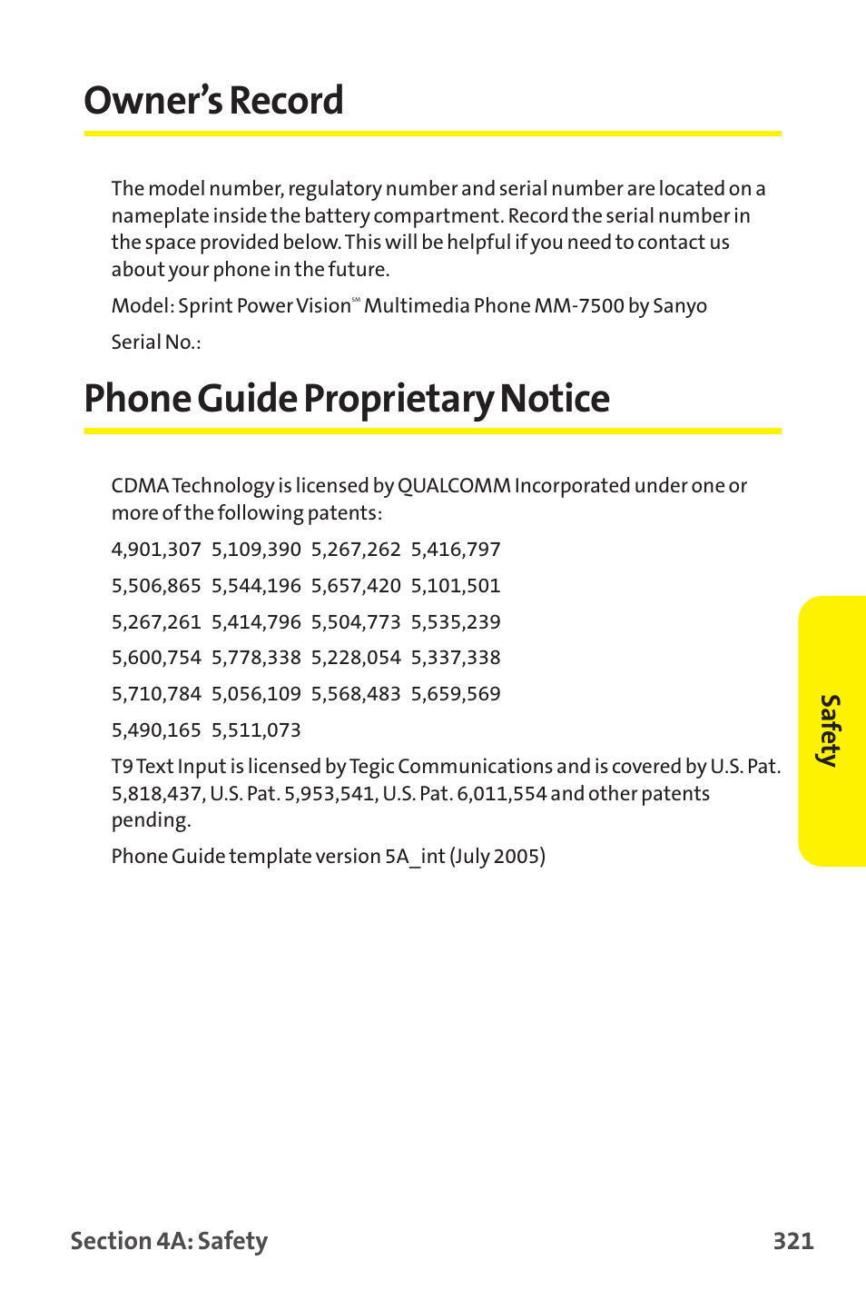 Owner’s record, Phone guide proprietary notice, Saf ety | Sprint Nextel MM-7500 User Manual | Page 331 / 345