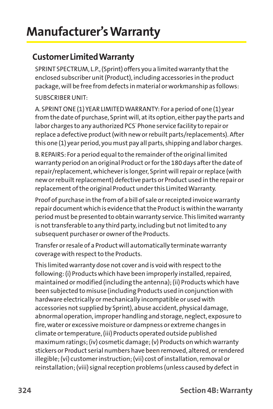 Manufacturer’s warranty, Customer limited warranty | Sprint Nextel MM-7500 User Manual | Page 334 / 345