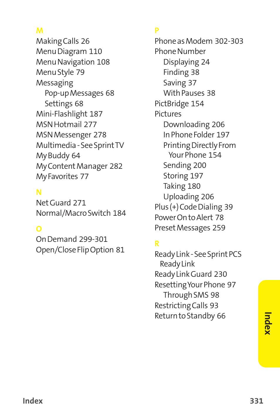 Inde x | Sprint Nextel MM-7500 User Manual | Page 341 / 345