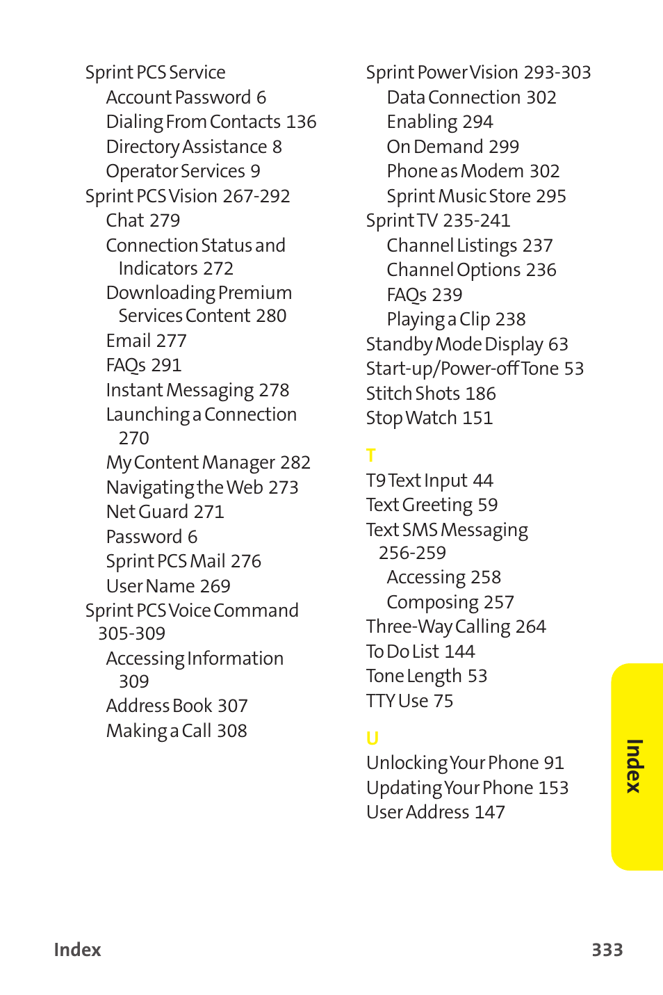 See sprinttv, See text, Sms messaging | Inde x | Sprint Nextel MM-7500 User Manual | Page 343 / 345