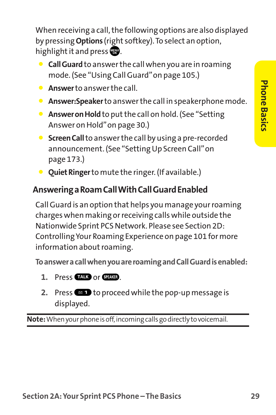 Phone basics, Answering a roam call with call guard enabled | Sprint Nextel MM-7500 User Manual | Page 39 / 345