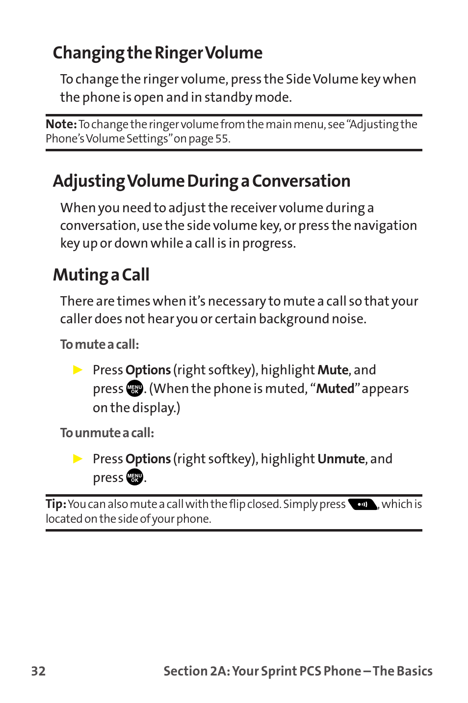 Changing the ringer volume, Adjusting volume during a conversation, Muting a call | Sprint Nextel MM-7500 User Manual | Page 42 / 345