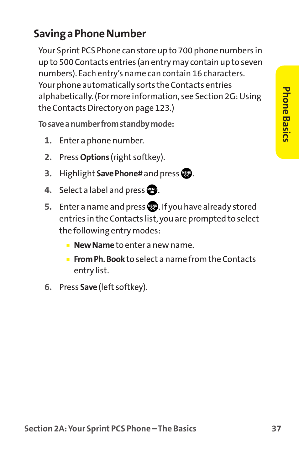 Saving a phone number, Phone basics | Sprint Nextel MM-7500 User Manual | Page 47 / 345