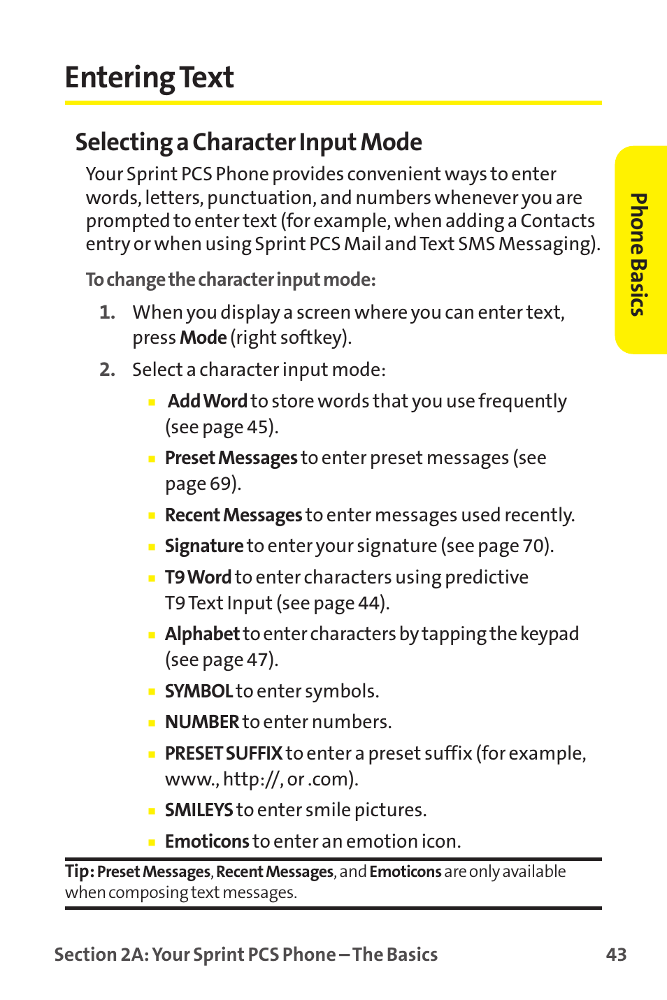 Entering text, Selecting a character input mode, Phone basics | Sprint Nextel MM-7500 User Manual | Page 53 / 345