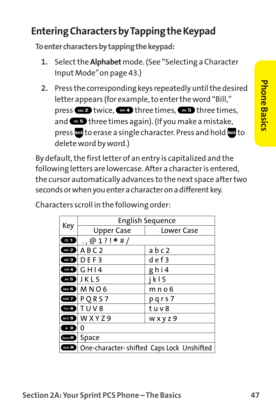 Entering characters by tapping the keypad, Phone basics, English sequence upper case key . , @ 1 | Sprint Nextel MM-7500 User Manual | Page 57 / 345