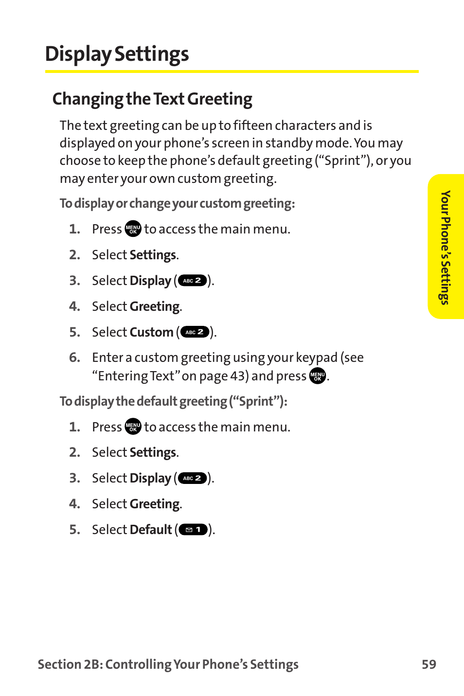 Display settings, Changing the text greeting | Sprint Nextel MM-7500 User Manual | Page 69 / 345