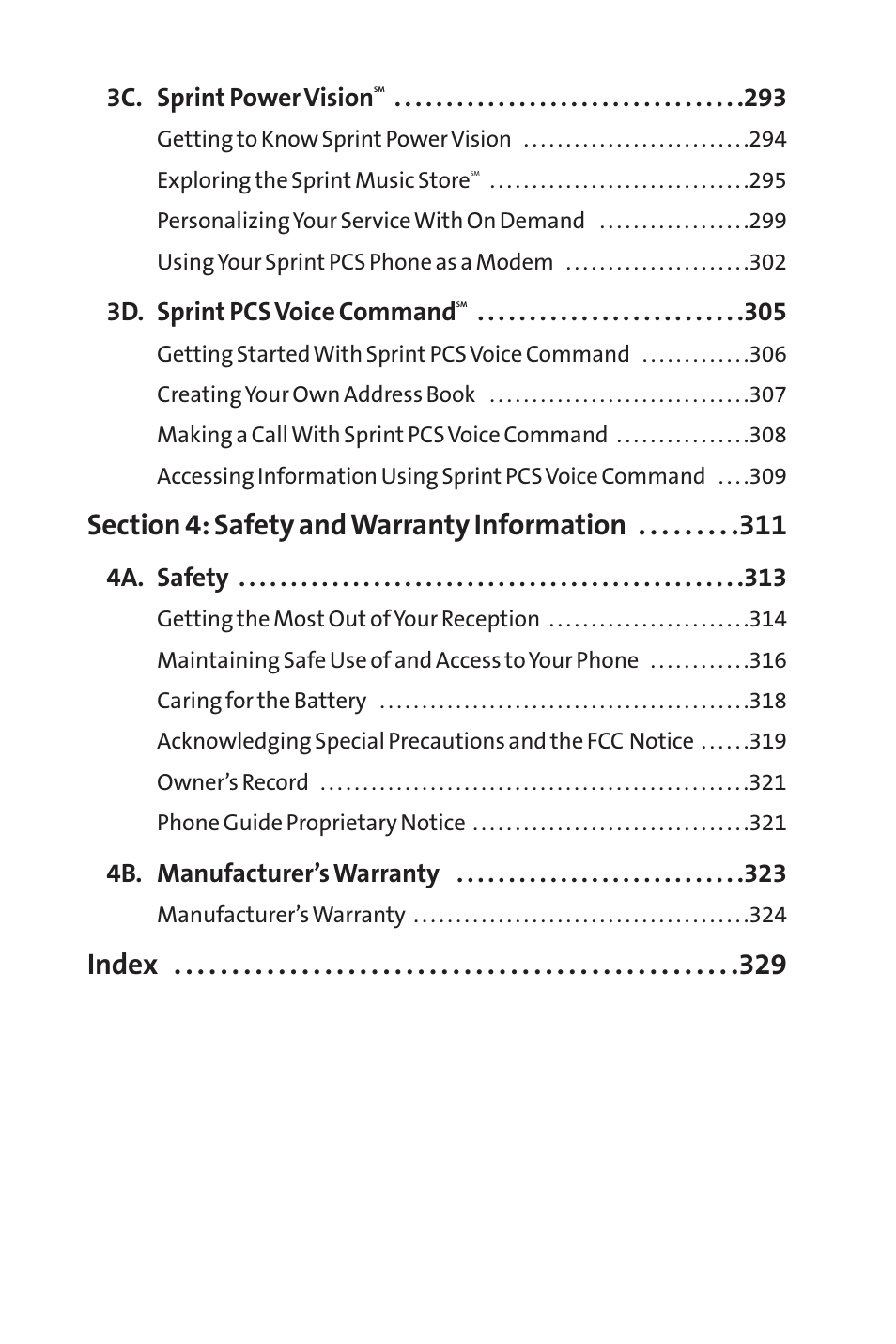 Index, 3c. sprint power vision, 3d. sprint pcs voice command | 4a. safety, 4b. manufacturer’s warranty | Sprint Nextel MM-7500 User Manual | Page 7 / 345