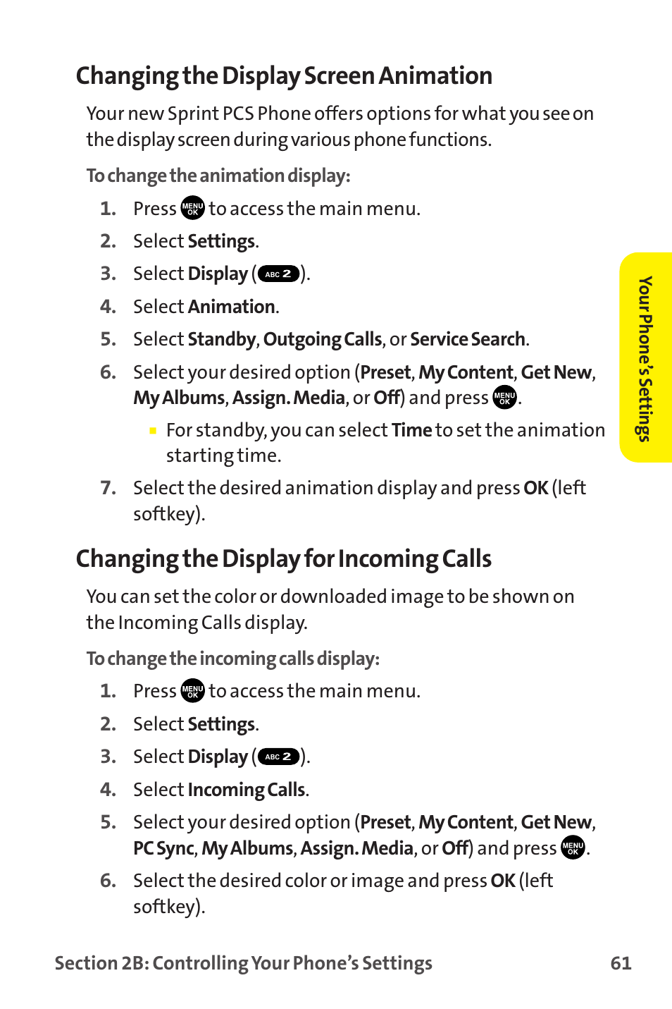 Changing the display screen animation, Changing the display for incoming calls | Sprint Nextel MM-7500 User Manual | Page 71 / 345