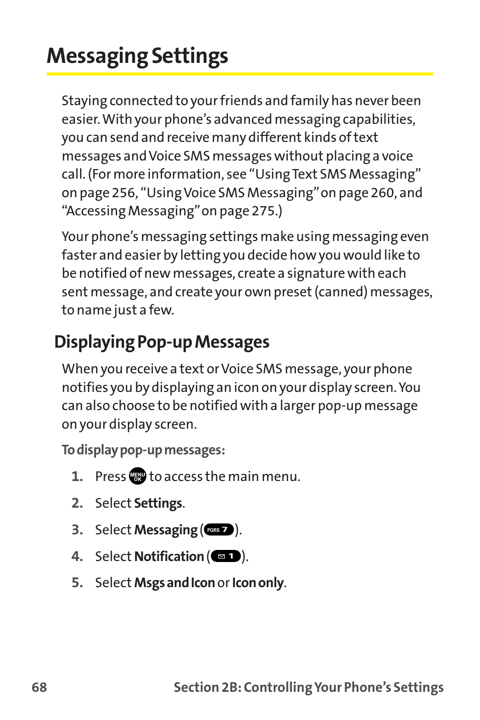 Messaging settings, Displaying pop-up messages | Sprint Nextel MM-7500 User Manual | Page 78 / 345