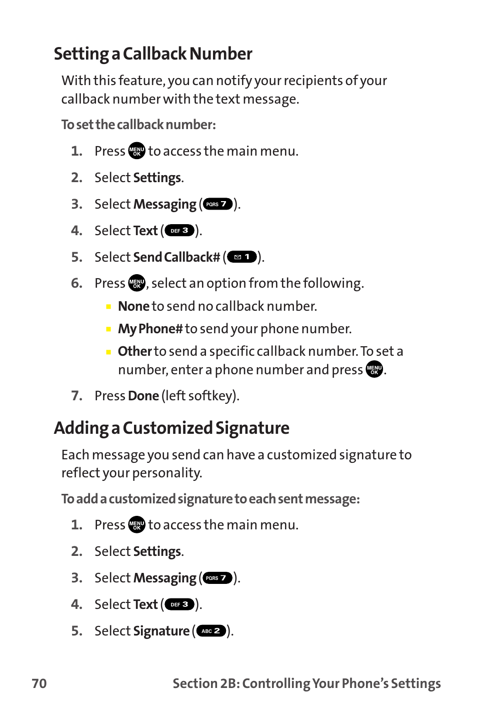Setting a callback number, Adding a customized signature | Sprint Nextel MM-7500 User Manual | Page 80 / 345